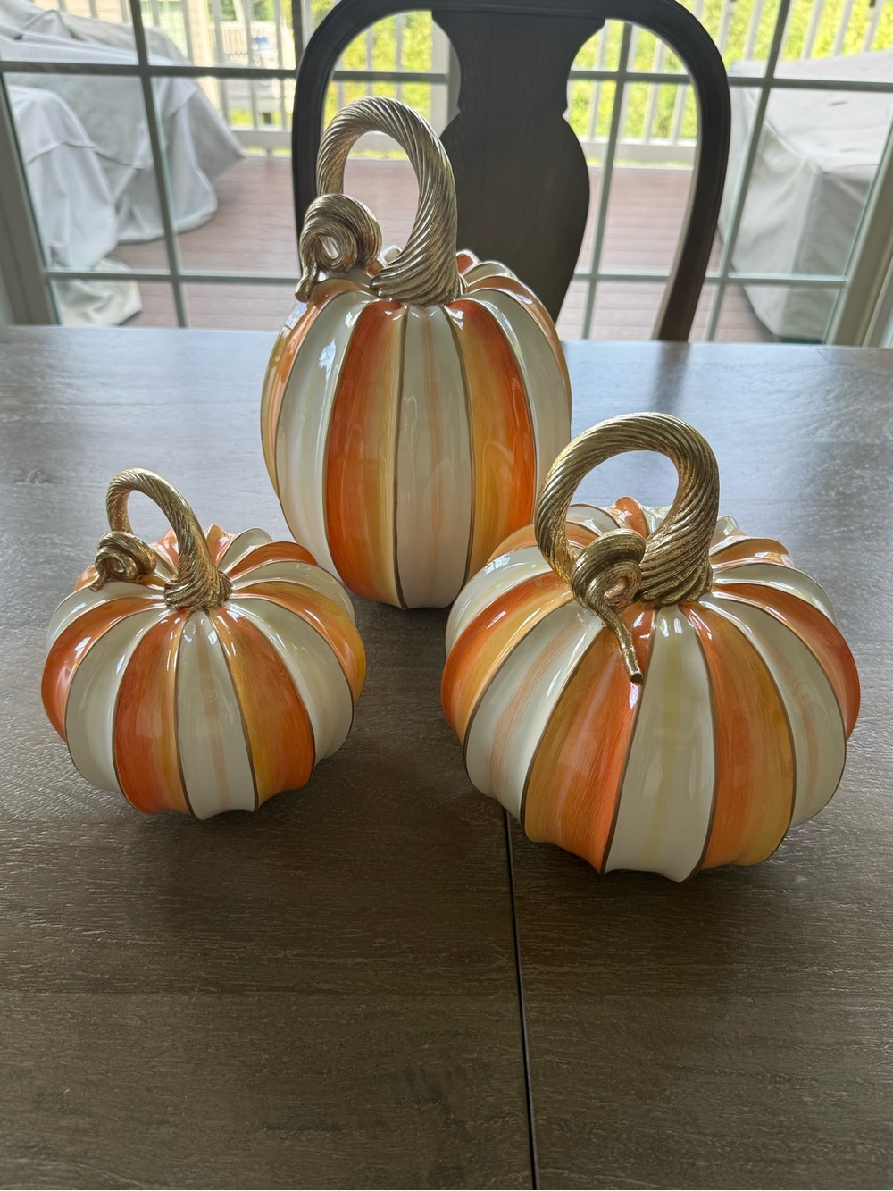 NEW IN BOX MacKenzie-Childs Elegant Stripe Pumpkins Orange, Set of 3